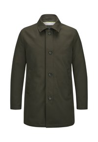 Olivgrüner Mantel mit geradem Schnitt, knöpfbarem Vorderteil und Kragen. Hergestellt aus glattem Stoff, mit zwei Seitentaschen und schwarzen Knöpfen.