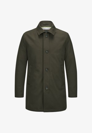 Olivgrüner Mantel mit geradem Schnitt, knöpfbarem Vorderteil und Kragen. Hergestellt aus glattem Stoff, mit zwei Seitentaschen und schwarzen Knöpfen.