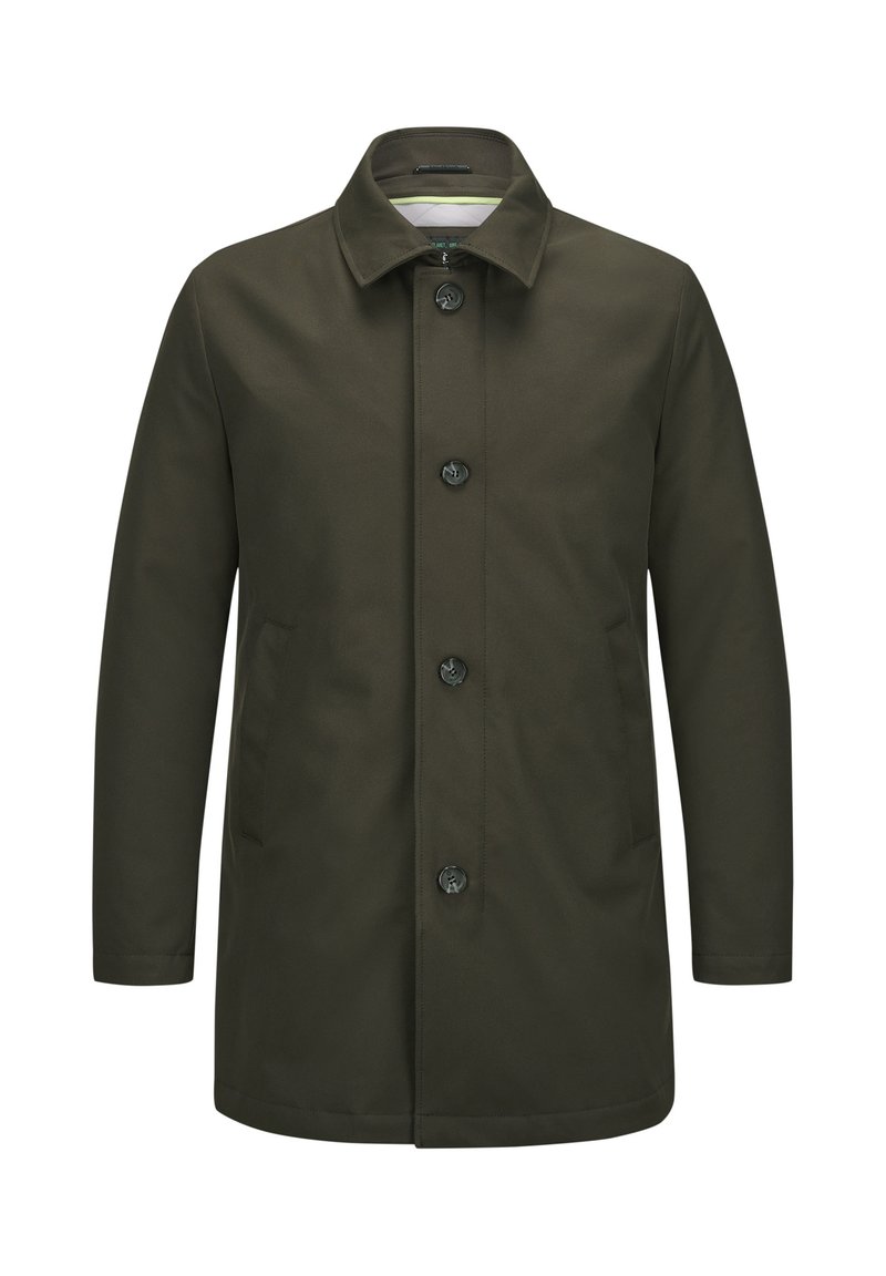 Olivgrüner Mantel mit geradem Schnitt, knöpfbarem Vorderteil und Kragen. Hergestellt aus glattem Stoff, mit zwei Seitentaschen und schwarzen Knöpfen.
