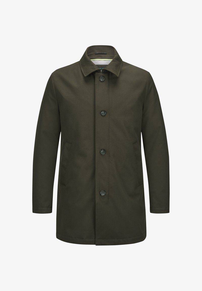 Olivgrüner Mantel mit geradem Schnitt, knöpfbarem Vorderteil und Kragen. Hergestellt aus glattem Stoff, mit zwei Seitentaschen und schwarzen Knöpfen.