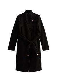 Cappotto avvolgente in lana nera con colletto a scialle, maniche lunghe, cintura da annodare anteriore e due tasche laterali. Presenta un bottone con dettaglio dorato.