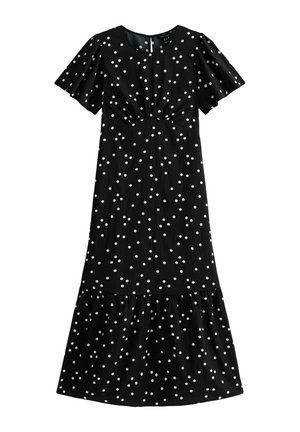 Vestito nero con pois bianchi, maniche a sbuffo corte, vita stretta e orlo a strati. Realizzato in tessuto leggero, presenta un colletto rotondo.