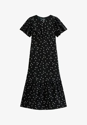 Zwarte jurk met witte stippen, korte puffmouwen, een geaccentueerde taille en een gelaagde zoom. Gemaakt van een lichtgewicht stof en heeft een ronde halslijn.