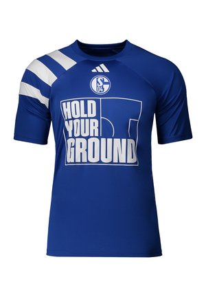 Blå sports-trøje med hvide diagonale striber på venstre skulder, Schalke 04-logo, Adidas-logo og teksten "Hold Your Ground" over et design af en fodboldbane.