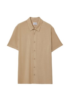 Camicia beige a maniche corte con bottoni e collo classico, realizzata in tessuto strutturato, mostrata distesa su sfondo bianco.