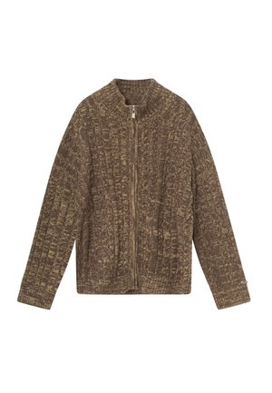 Barna, texturált cipzáras kardigán magas gallérral és bordázott kötött mintával. Hosszú ujjú és lazán illeszkedő szabású.