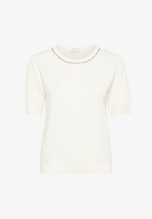 Biały sweter dzianinowy z okrągłym dekoltem, krótkimi bufkami i dekoracyjnym wykończeniem wokół kołnierza. Miękka tekstura i dopasowany krój.