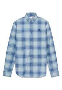 Camicia a maniche lunghe con bottoni in una fantasia a quadri blu chiaro e blu scuro. Realizzata in cotone, presenta un colletto a bottoni e un logo sul petto.