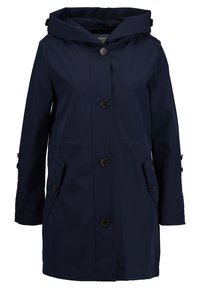 Abrigo impermeable navy con capucha, que cuenta con cuatro botones frontales, dos bolsillos laterales y puños ajustables para un ajuste ceñido.