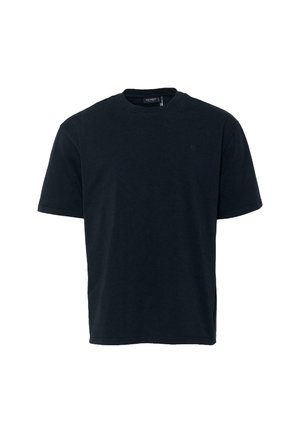 Dunkelblaues Baumwoll-T-Shirt mit Rundhalsausschnitt, kurzen Ärmeln und ohne sichtbare Muster. Mit kleinem Logo auf der Brust.