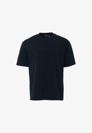 Tmavě navy modré bavlněné tričko s kulatým výstřihem, krátkými rukávy a bez viditelných vzorů. Na hrudi se nachází malé logo.