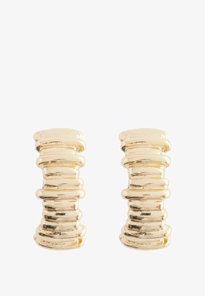 Gold-tone earrings featuring a stacked, cylindrical design with ridged texture. Smooth finish, medium width, and hollow interior.