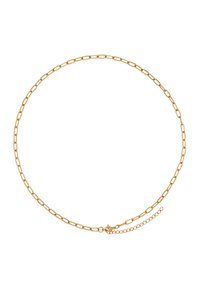 Goldfarbene Kettenhalskette mit verlängerten Gliedern, verstellbarer Länge mit einem Verschluss und einer strukturierten Oberfläche für einen modernen Look.
