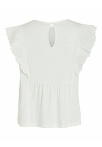 Top blanco con mangas de ojales con volantes, espalda con ojal, cintura fruncida y textura suave. Diseño simple y clásico para un uso versátil.