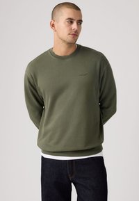 Φούτερ σε ελαιί πράσινο χρώμα με στρογγυλή λαιμόκοψη και μακριά μανίκια, με διακριτικό λογότυπο στο στήθος. Το ύφασμα φαίνεται απαλό και με υφή.