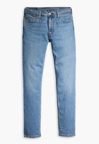 Light blue slim-fit denim jeans with front button, zipper, belt loops, and five-pocket design on a white background.