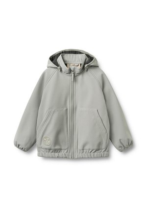 Lysegrå hættejakke med frontlynlås, to store forlommer, elastiske manchetter og en lille logopatch på den nederste venstre lomme.