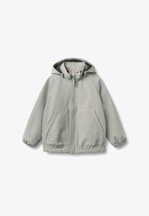 Veste à capuche gris clair avec fermeture éclair frontale, deux grandes poches avant, poignets élastiques et une petite étiquette logo sur la poche inférieure gauche.