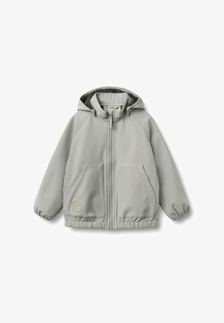 Veste à capuche gris clair avec fermeture éclair frontale, deux grandes poches avant, poignets élastiques et une petite étiquette logo sur la poche inférieure gauche.