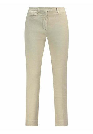 Pantaloni beige a gamba dritta con passanti per cintura, zip frontale e tasche oblique, esposti su sfondo bianco.