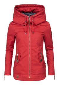 Red jacket with a large hood, front zipper, and two side pockets. Features a striped inner lining and drawstring closures. Smooth texture.