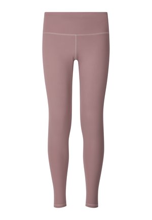 Hoge taille mauve legging in volledige lengte met zichtbare witte stiksels langs de tailleband en naden, weergegeven op een witte achtergrond.