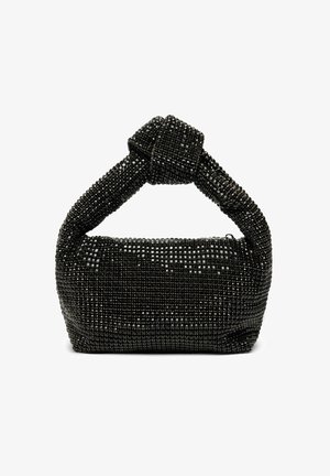 Sac à main noir en perles, avec une poignée nouée, présentant une forme rectangulaire et une surface texturée ornée de petites perles brillantes.