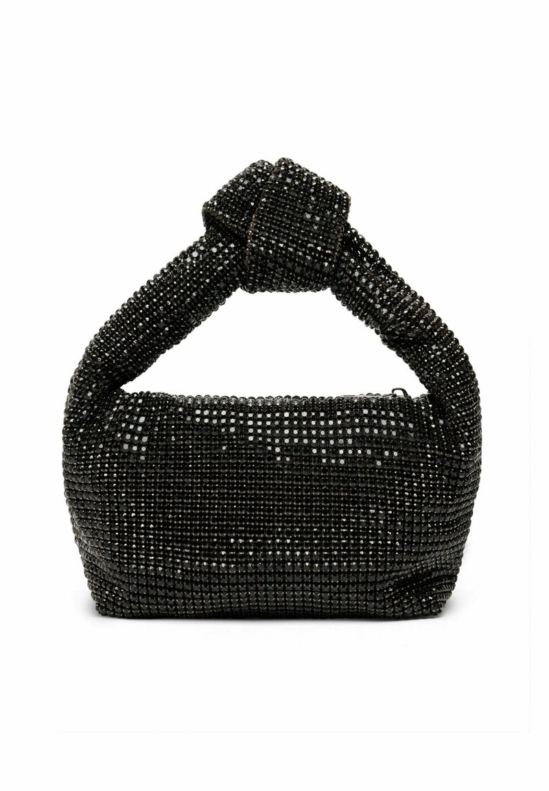 Sort perlehandtaske med en knyttet hank, der har en rektangulær form og en struktureret overflade dekoreret med små, blanke perler.