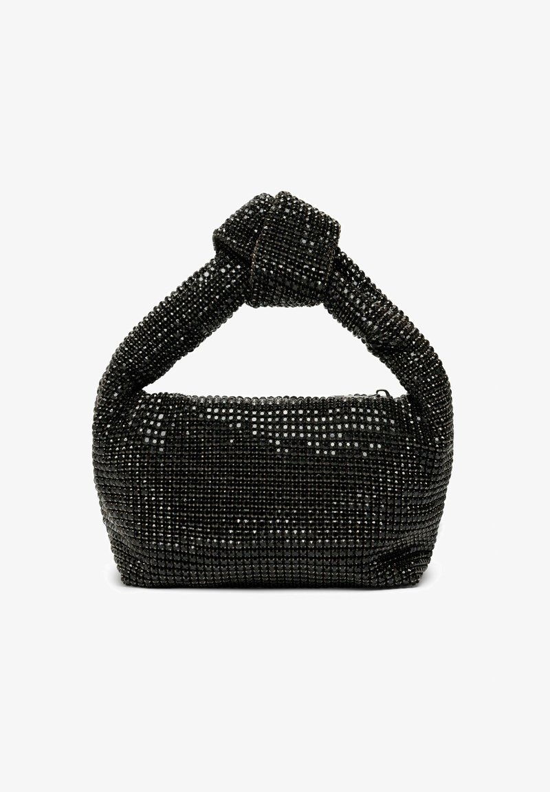 Sort perlehandtaske med en knyttet hank, der har en rektangulær form og en struktureret overflade dekoreret med små, blanke perler.