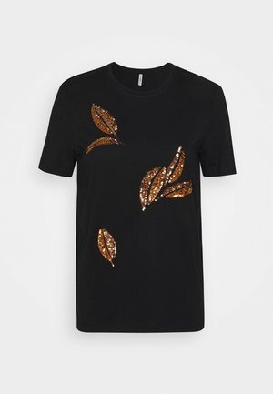 Chemise noire à manches courtes avec col rond, décorée de trois groupes de feuilles en sequins dorés brillants sur le devant.