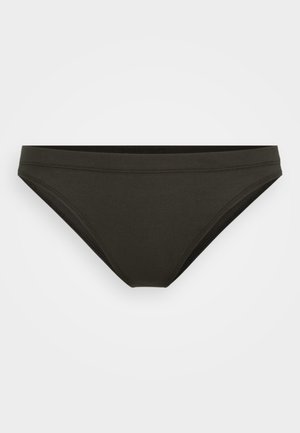 Mørk grøn bomullsbikini-bunn med en glatt tekstur, lavt design og minimale sømdetaljer langs kantene.