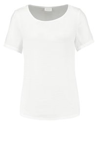 Vit kortärmad T-shirt med rundad halsringning. Tillverkad av lätt, slät tyg med en avslappnad passform. Inga mönster eller dekorationer.