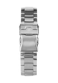 Silverfärgad armband i rostfritt stål med borstad och polerad yta, med ett spänne graverat med "Jacques Lemans". Släta och sammanlänkade länkar.