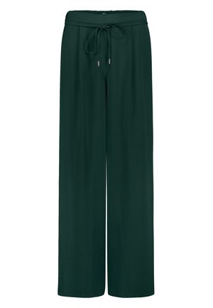 Pantalon large vert foncé avec taille ajustable à cordon de serrage et texture lisse, conçu pour un port décontracté et confortable.