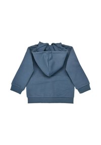 Blauer Kapuzenpullover mit runder Kapuze, gerippten Bündchen und Saum. Weicher Stoff, lässiges Design und keine sichtbaren Muster oder Akzente.