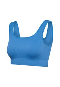 Niebieski ribbonowy biustonosz typu bralette z szerokimi ramiączkami, bezszwowym wyglądem i dopasowanym krojem dla wygody. Materiał wydaje się być miękki i elastyczny.