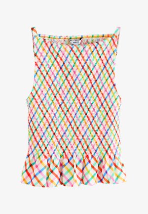 Varrukateta naiste pluus, millel on kootud mitmevärviline rombimuster ja paeladega ääreosa, toonides roosa, oranž, roheline, sinine ja kollane valgel taustal.