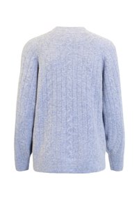 Ljusblå stickad tröja med ribbad struktur, med lång ärm och rund halsringning. Baksidan har en ren design utan några utsmyckningar.