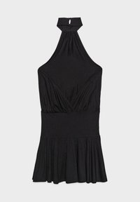 Robe noire sans manches à col licou avec une encolure en forme de goutte, taille ajustée, corsage style portefeuille et jupe évasée.