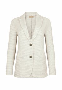 Texturerad ljusblå blazer med snedskuren krage, två framfickor, två bruna knappar och vertikala sömmar.