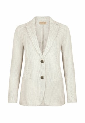 Blazer chiaro texturizzato con rever a lancia, due tasche frontali, due bottoni marroni e dettagli di cucitura verticale.