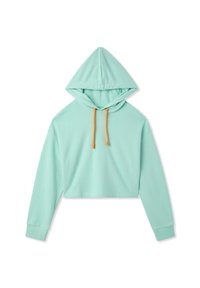 Felpa cropped verde menta con cappuccio regolabile, dettagli arancioni e maniche lunghe. Realizzata in tessuto morbido e leggero con una vestibilità comoda.