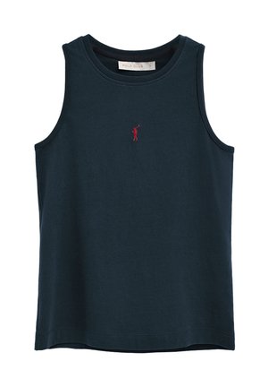 Débardeur bleu marine sans manches avec encolure ronde et petite broderie rouge d'un joueur de polo centrée sous le col.