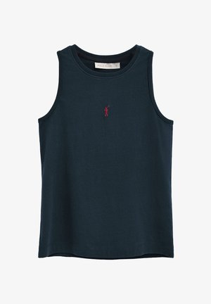 Débardeur bleu marine sans manches avec encolure ronde et petite broderie rouge d'un joueur de polo centrée sous le col.