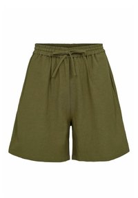 Pantalones cortos de algodón verde oliva con cintura elástica y cordón ajustable. Presenta un corte relajado y bolsillos laterales. Textura suave.