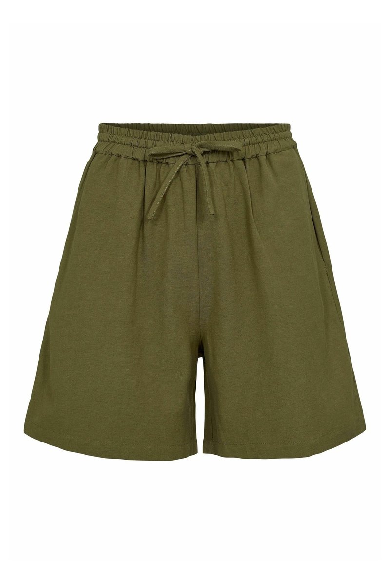 Pantalones cortos de algodón verde oliva con cintura elástica y cordón ajustable. Presenta un corte relajado y bolsillos laterales. Textura suave.