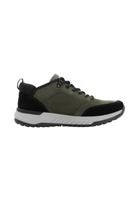 Athletic shoes featuring an olive green fabric upper with black suede accents, black laces, and a white and black textured outsole.