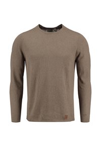 Hellbrauner Langarm-Pullover mit Rundhalsausschnitt aus strukturiertem Material, mit einem kleinen braunen Etikett auf der unteren linken Seite.