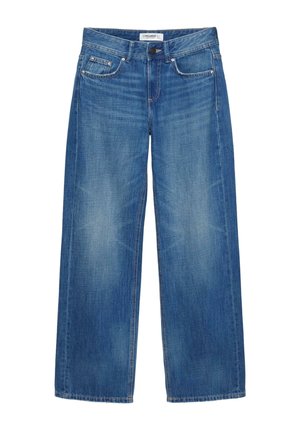 Modré rifle so širokými nohavicami, s vreckami vpredu, pútkami na opasok, zapínaním na gombíky a jemným vyblednutím na stehnách a kolenách.