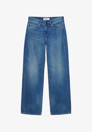 Blå vidde jeans med forlommer, bæltestropper, knaplukning og diskret falmet detalje på lår og knæ.
